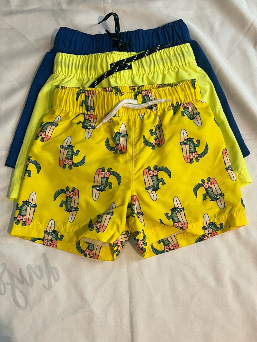 Set of Three Old Navy Swim Shorts in Neons & Alligator Print in Size 18-24 Month